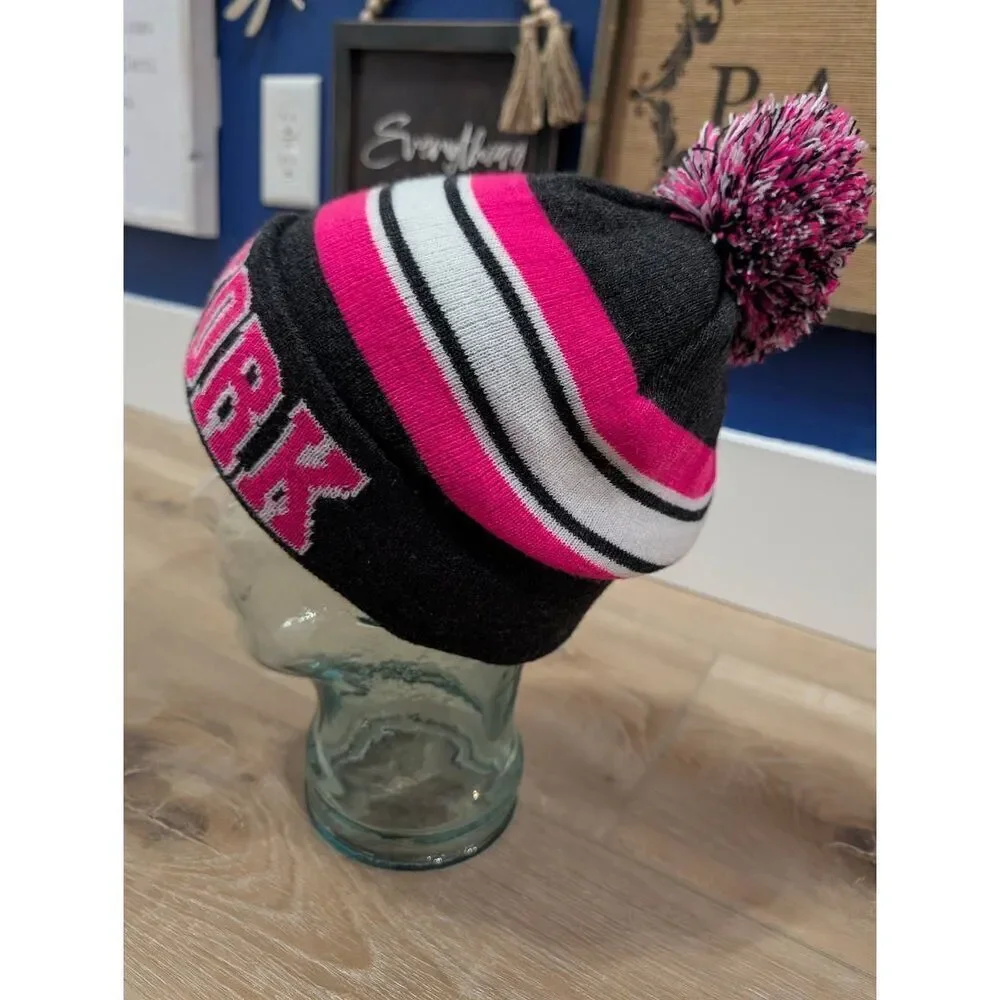 New York Pink Navy Pom Pom Beanie Hat Women’s Winter Knit Cap READ
